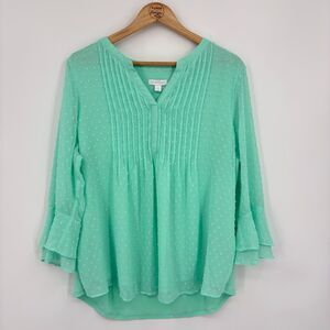 Charter Club Textured Pintuck Ruffled Blouse, Green, Large, Spring Easter Church